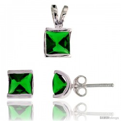 Sterling Silver Square-shaped Stud Earrings (7 mm) & Pendant (12mm tall) Set, w/ Princess Cut Emerald-colored CZ Stones