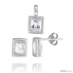 Sterling Silver Matte-finish Rectangular Earrings (8mm tall) & Pendant (13mm tall) Set, w/ Emerald Cut CZ Stones