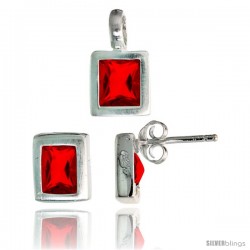 Sterling Silver Matte-finish Rectangular Earrings (8mm tall) & Pendant (13mm tall) Set, w/ Emerald Cut Ruby-colored CZ Stones