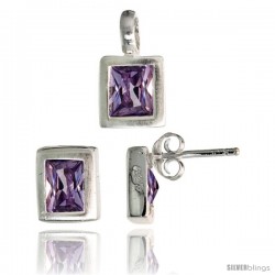 Sterling Silver Matte-finish Rectangular Earrings (8mm tall) & Pendant (13mm tall) Set, w/ Emerald Cut Amethyst-colored CZ