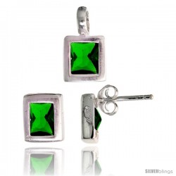 Sterling Silver Matte-finish Rectangular Earrings (8mm tall) & Pendant (13mm tall) Set, w/ Emerald Cut Emerald-colored CZ Stones