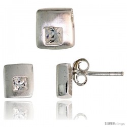 Sterling Silver Matte-finish Square-shaped Stud Earrings (6 mm) & Pendant Slide (7mm tall) Set, w/ Princess Cut CZ Stones