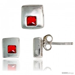 Sterling Silver Matte-finish Square-shaped Stud Earrings (6 mm) & Pendant Slide (7mm tall) Set, w/ Princess Cut Ruby-colored CZ