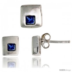 Sterling Silver Matte-finish Square-shaped Stud Earrings (6 mm) & Pendant Slide (7mm tall) Set, w/ Princess Cut Blue