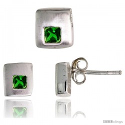 Sterling Silver Matte-finish Square-shaped Stud Earrings (6 mm) & Pendant Slide (7mm tall) Set, w/ Princess Cut Emerald-colored