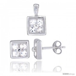Sterling Silver Square-shaped Stud Earrings (6.5 mm) & Pendant (11mm tall) Set, w/ Princess Cut CZ Stones
