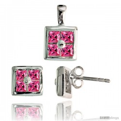 Sterling Silver Square-shaped Stud Earrings (6.5 mm) & Pendant (11mm tall) Set, w/ Princess Cut Pink Tourmaline-colored CZ