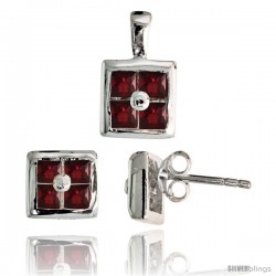 Sterling Silver Square-shaped Stud Earrings (6.5 mm) & Pendant (11mm tall) Set, w/ Princess Cut Pink Ruby-colored CZ Stones