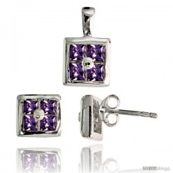 Sterling Silver Square-shaped Stud Earrings (6.5 mm) & Pendant (11mm tall) Set, w/ Princess Cut Amethyst-colored CZ Stones