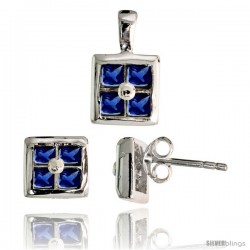 Sterling Silver Square-shaped Stud Earrings (6.5 mm) & Pendant (11mm tall) Set, w/ Princess Cut Blue Sapphire-colored CZ Stones