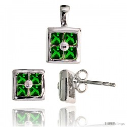 Sterling Silver Square-shaped Stud Earrings (6.5 mm) & Pendant (11mm tall) Set, w/ Princess Cut Emerald-colored CZ Stones