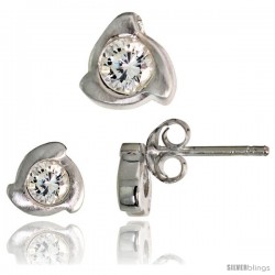 Sterling Silver Matte-finish Fancy Stud Earrings (6 mm) & Pendant Slide (8mm tall) Set, w/ Brilliant Cut CZ Stones