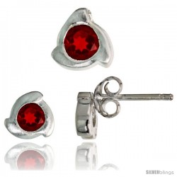 Sterling Silver Matte-finish Fancy Stud Earrings (6 mm) & Pendant Slide (8mm tall) Set, w/ Brilliant Cut Ruby-colored CZ Stones