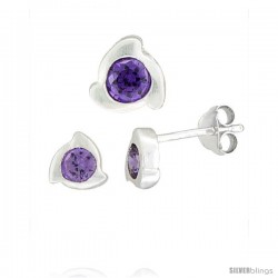 Sterling Silver Matte-finish Fancy Stud Earrings (6 mm) & Pendant Slide (8mm tall) Set, w/ Brilliant Cut Amethyst-colored CZ