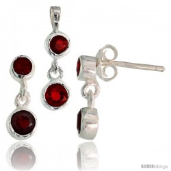 Sterling Silver Dangle Earrings (13mm tall) & Pendant (17mm tall) Set, w/ Bezel Set Brilliant Cut Ruby-colored CZ Stones