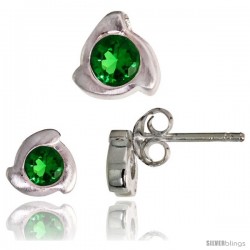 Sterling Silver Matte-finish Fancy Stud Earrings (6 mm) & Pendant Slide (8mm tall) Set, w/ Brilliant Cut Emerald-colored CZ