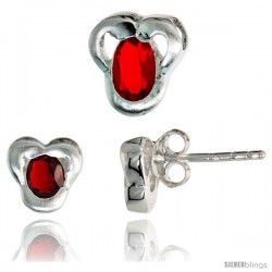 Sterling Silver Matte-finish Fancy Stud Earrings (7mm tall) & Pendant Slide (9mm tall) Set, w/ Oval Cut Ruby-colored CZ Stones