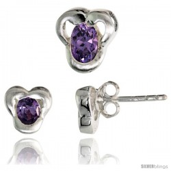 Sterling Silver Matte-finish Fancy Stud Earrings (7mm tall) & Pendant Slide (9mm tall) Set, w/ Oval Cut Amethyst-colored CZ