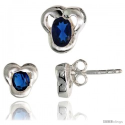 Sterling Silver Matte-finish Fancy Stud Earrings (7mm tall) & Pendant Slide (9mm tall) Set, w/ Oval Cut Blue Sapphire-colored