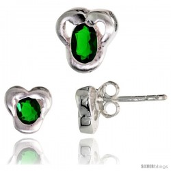 Sterling Silver Matte-finish Fancy Stud Earrings (7mm tall) & Pendant Slide (9mm tall) Set, w/ Oval Cut Emerald-colored CZ