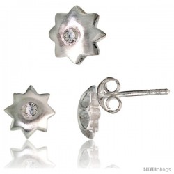 Sterling Silver Matte-finish Star Stud Earrings (7 mm) & Pendant Slide (8 mm) Set, w/ Brilliant Cut CZ Stones