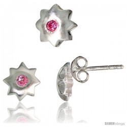 Sterling Silver Matte-finish Star Stud Earrings (7 mm) & Pendant Slide (8 mm) Set, w/ Brilliant Cut Pink Tourmaline-colored CZ