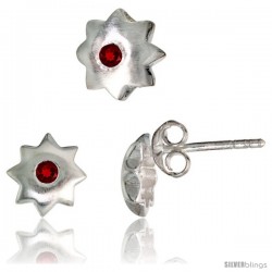 Sterling Silver Matte-finish Star Stud Earrings (7 mm) & Pendant Slide (8 mm) Set, w/ Brilliant Cut Ruby-colored CZ Stones