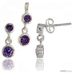 Sterling Silver Dangle Earrings (13mm tall) & Pendant (17mm tall) Set, w/ Bezel Set Brilliant Cut Amethyst-colored CZ Stones