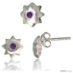 Sterling Silver Matte-finish Star Stud Earrings (7 mm) & Pendant Slide (8 mm) Set, w/ Brilliant Cut Amethyst-colored CZ Stones