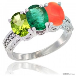 14K White Gold Natural Peridot, Emerald & Coral Ring 3-Stone Oval 7x5 mm Diamond Accent