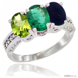 14K White Gold Natural Peridot, Emerald & Lapis Ring 3-Stone Oval 7x5 mm Diamond Accent