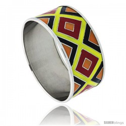 Stainless Steel Slip-On Bangle Bracelet Red, Yellow, Black & Orange Enameled Argyle Pattern, 1 3/16 in wide