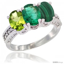 14K White Gold Natural Peridot, Emerald & Malachite Ring 3-Stone Oval 7x5 mm Diamond Accent