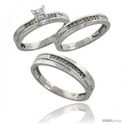 10k White Gold Diamond Trio Engagement Wedding Ring 3-piece Set for Him & Her 5 mm & 3.5 mm wide 0.13 cttw Brilliant Cut