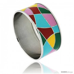 Stainless Steel Slip-On Bangle Bracelet Red, Yellow, Blue, Green & Pink enameled Abstract Pattern, 1 3/16 in wide