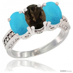 10K White Gold Natural Smoky Topaz & Turquoise Ring 3-Stone Oval 7x5 mm Diamond Accent