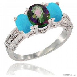 10K White Gold Ladies Oval Natural Mystic Topaz 3-Stone Ring with Turquoise Sides Diamond Accent