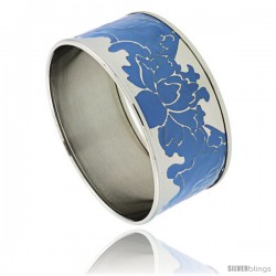 Stainless Steel Slip-On Bangle Bracelet w/ Blue Color Enameled Floral Vine Pattern, 1 3/16 in wide