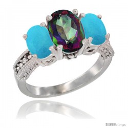 10K White Gold Ladies Natural Mystic Topaz Oval 3 Stone Ring with Turquoise Sides Diamond Accent