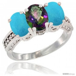 10K White Gold Natural Mystic Topaz & Turquoise Ring 3-Stone Oval 7x5 mm Diamond Accent