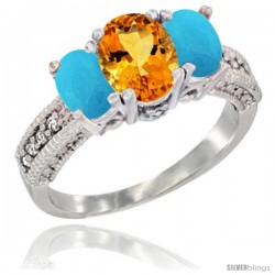 10K White Gold Ladies Oval Natural Citrine 3-Stone Ring with Turquoise Sides Diamond Accent