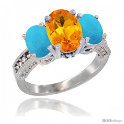 10K White Gold Ladies Natural Citrine Oval 3 Stone Ring with Turquoise Sides Diamond Accent