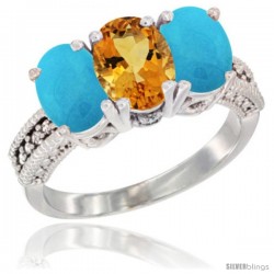 10K White Gold Natural Citrine & Turquoise Ring 3-Stone Oval 7x5 mm Diamond Accent