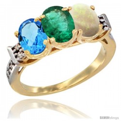 10K Yellow Gold Natural Swiss Blue Topaz, Emerald & Opal Ring 3-Stone Oval 7x5 mm Diamond Accent