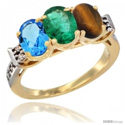 10K Yellow Gold Natural Swiss Blue Topaz, Emerald & Tiger Eye Ring 3-Stone Oval 7x5 mm Diamond Accent