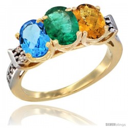 10K Yellow Gold Natural Swiss Blue Topaz, Emerald & Whisky Quartz Ring 3-Stone Oval 7x5 mm Diamond Accent