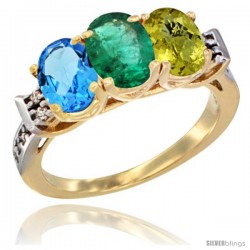 10K Yellow Gold Natural Swiss Blue Topaz, Emerald & Lemon Quartz Ring 3-Stone Oval 7x5 mm Diamond Accent