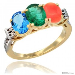 10K Yellow Gold Natural Swiss Blue Topaz, Emerald & Coral Ring 3-Stone Oval 7x5 mm Diamond Accent