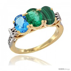 10K Yellow Gold Natural Swiss Blue Topaz, Emerald & Malachite Ring 3-Stone Oval 7x5 mm Diamond Accent