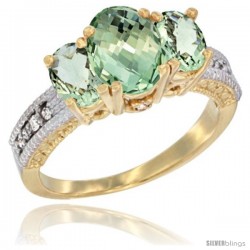 14k Yellow Gold Ladies Oval Natural Green Amethyst 3-Stone Ring Diamond Accent